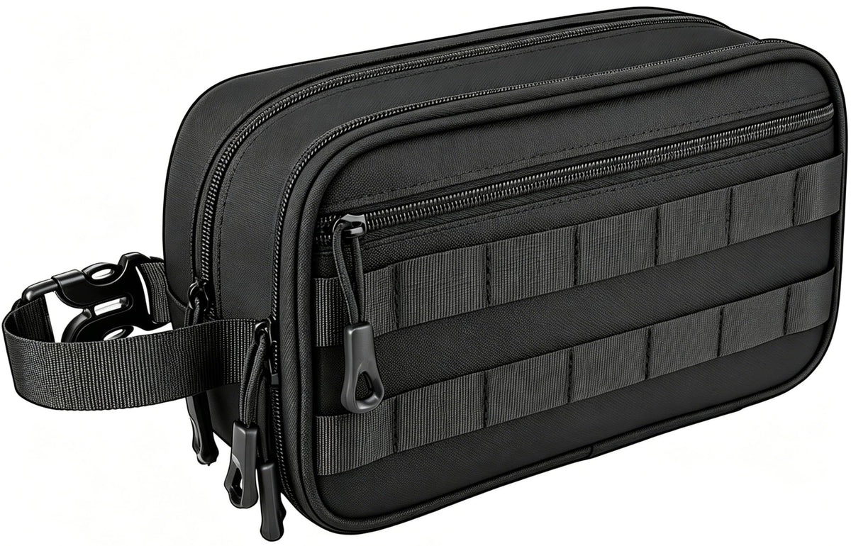 HILOMON front view of toiletry bag showing rugged nylon and zippers for durable protection