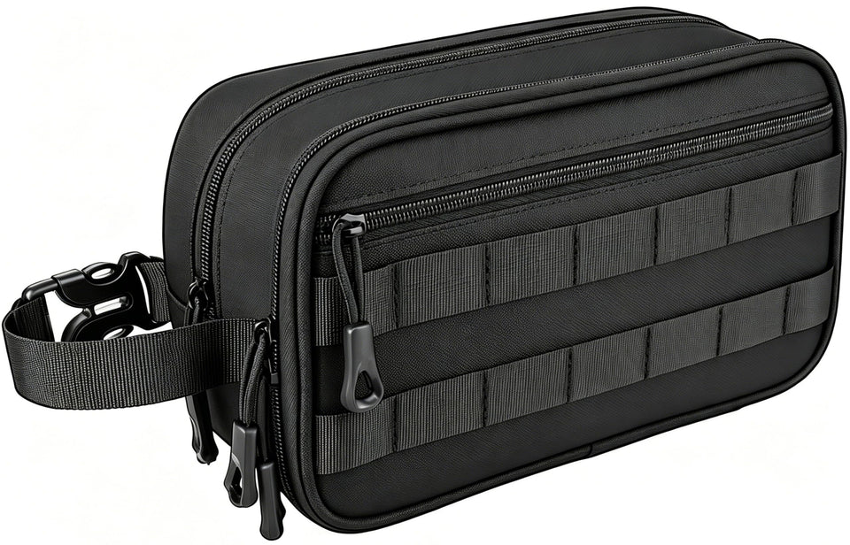 HILOMON front view of toiletry bag showing rugged nylon and zippers for durable protection
