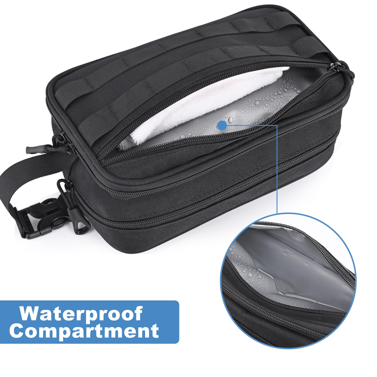 HILOMON rear compartment with sealed divider to separate wet items and prevent leaks