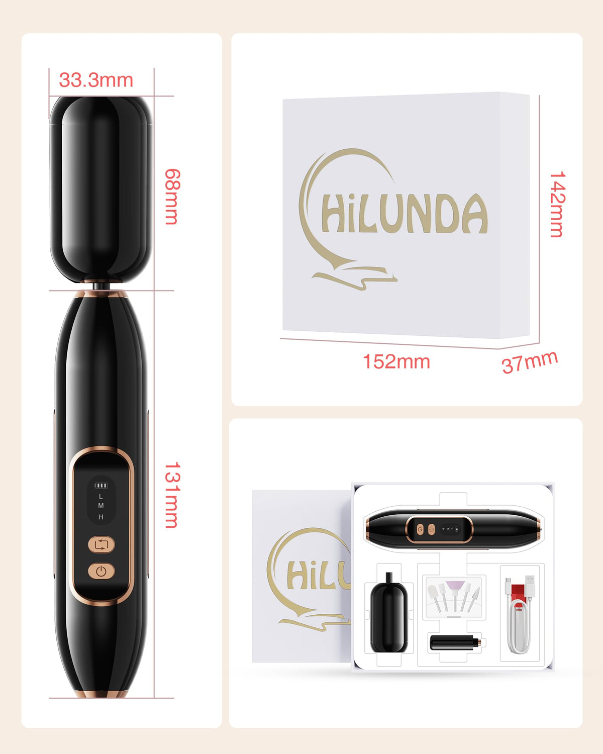 HiLUNDA box with accessories laid out, showing included bits and USB-C charger