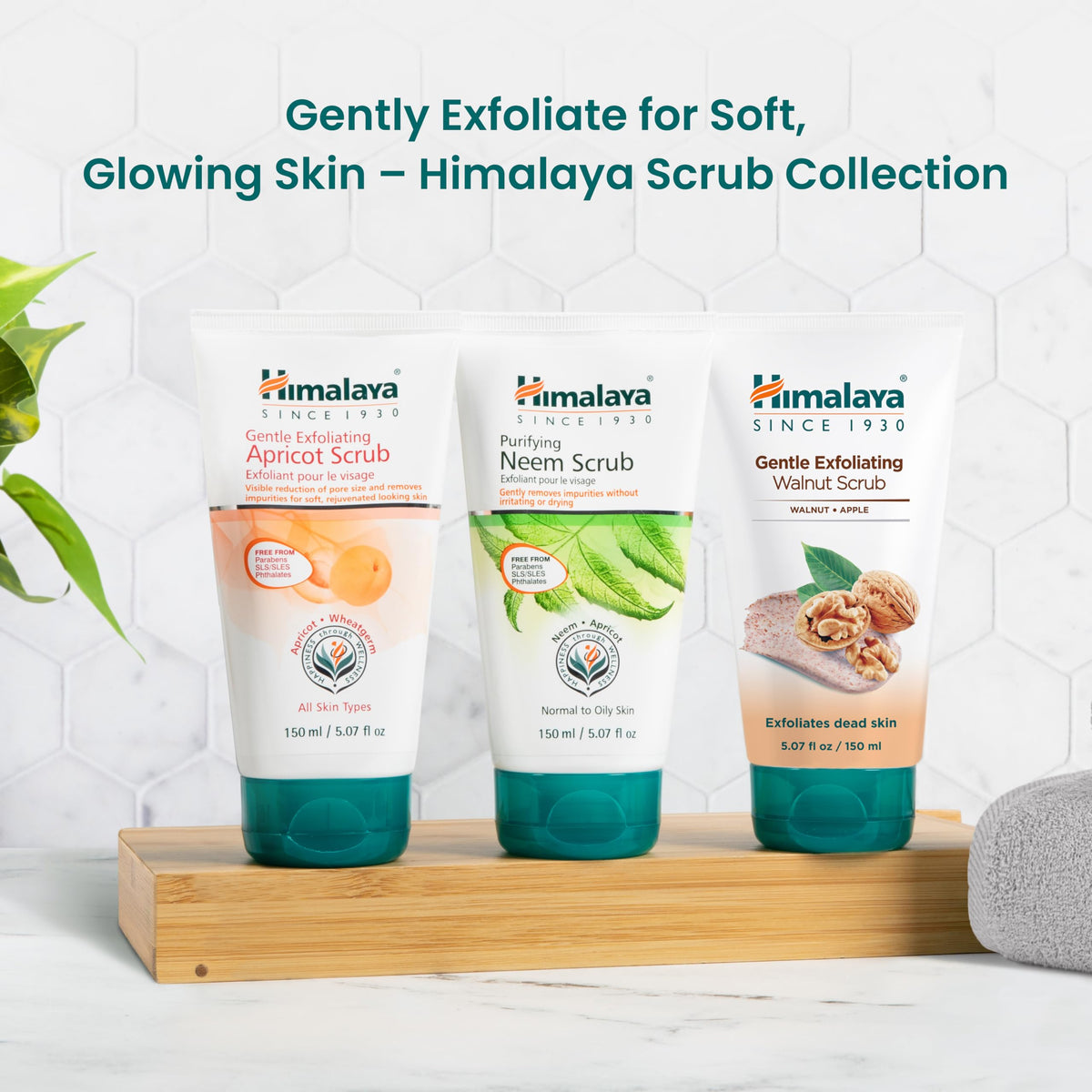 Himalaya tube next to ruler showing 150 ml scale for size clarity and travel-friendly benefit