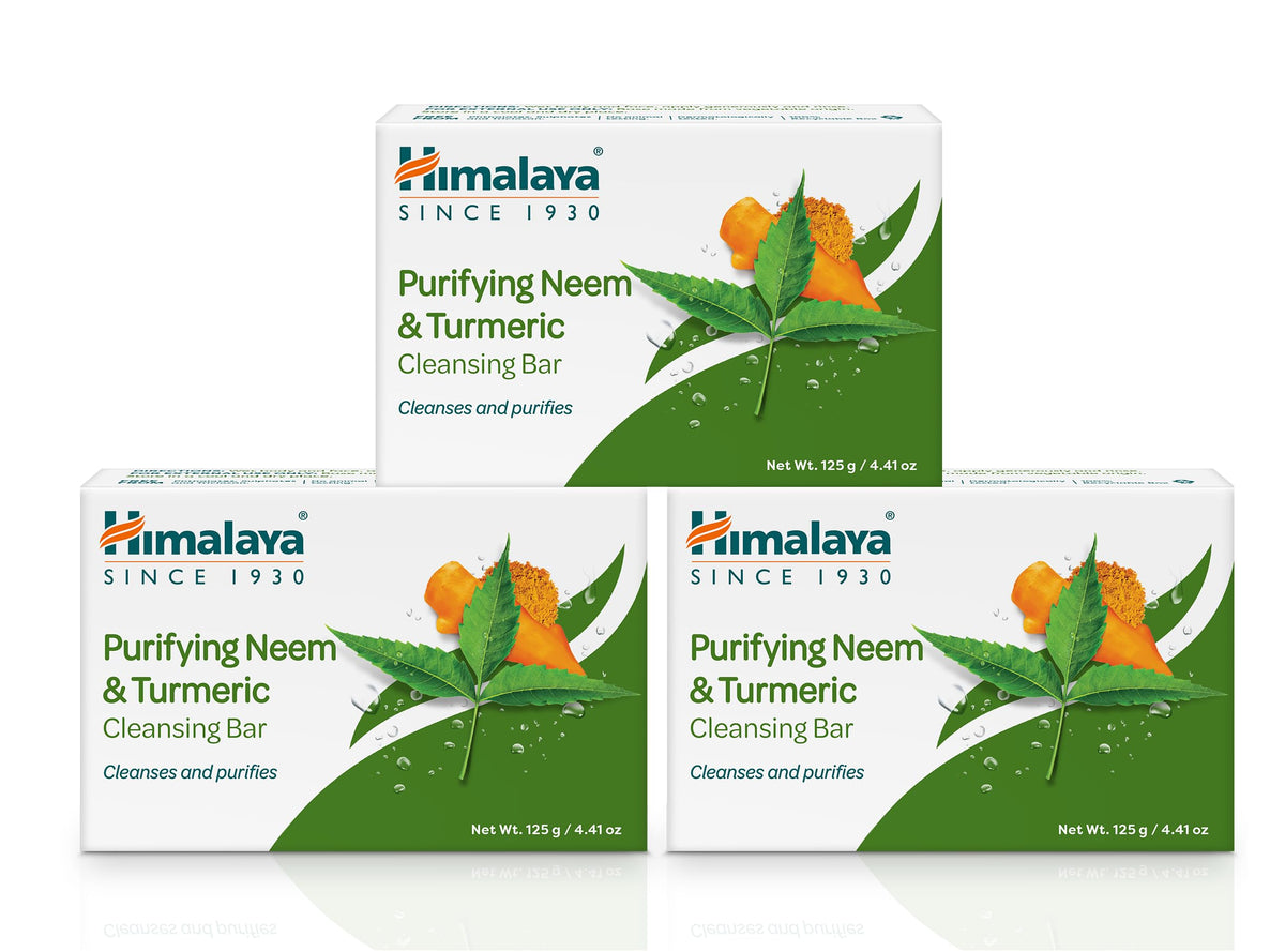 Himalaya neem and turmeric soap front packaging showing brand and three-bar pack benefit