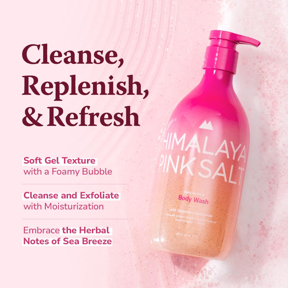 HIMALAYA PINKSALT visible Himalayan pink and Dead Sea salt grains, emphasizes mineral exfoliation