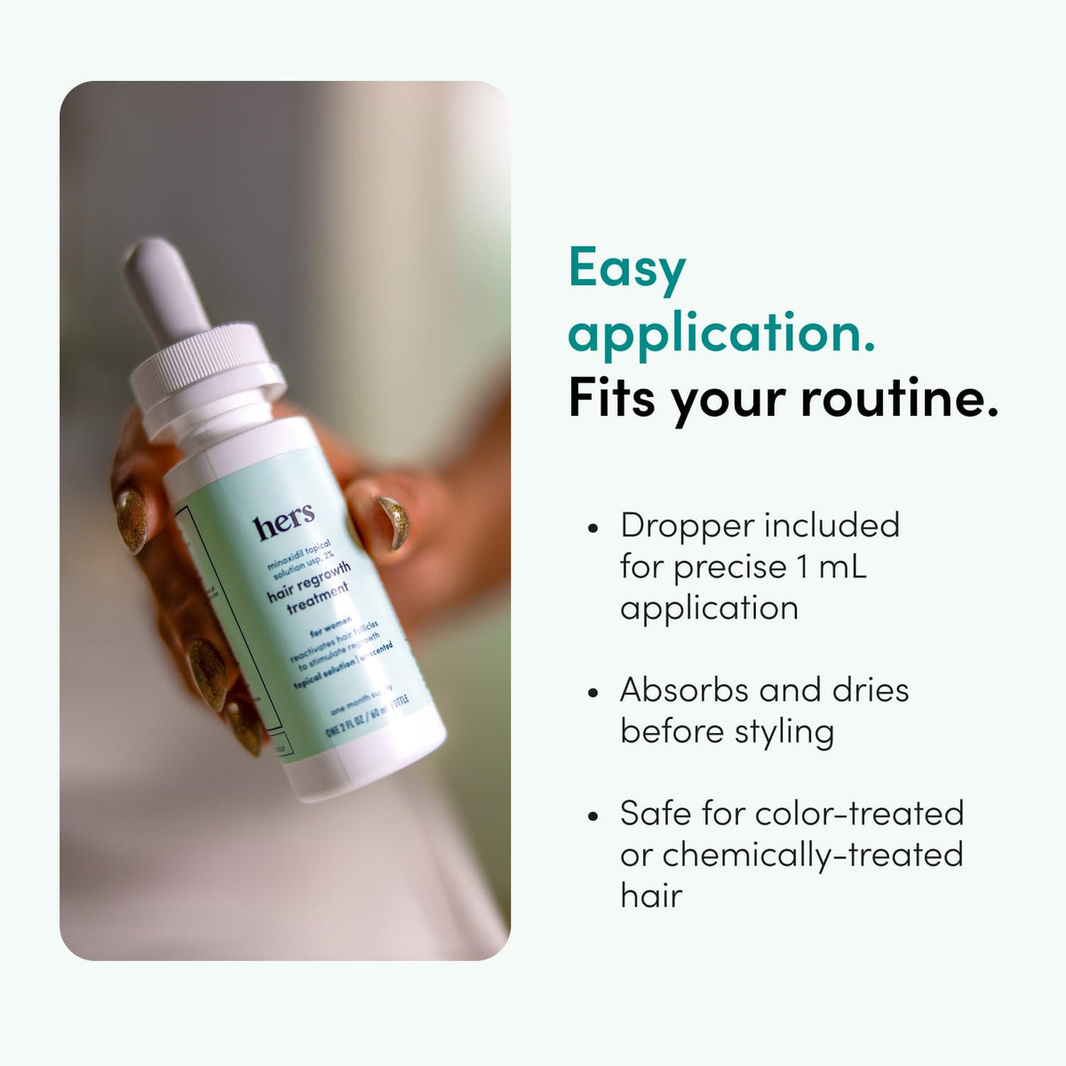 HIMS & HERS hand applying solution to scalp demonstrating simple single-dose routine
