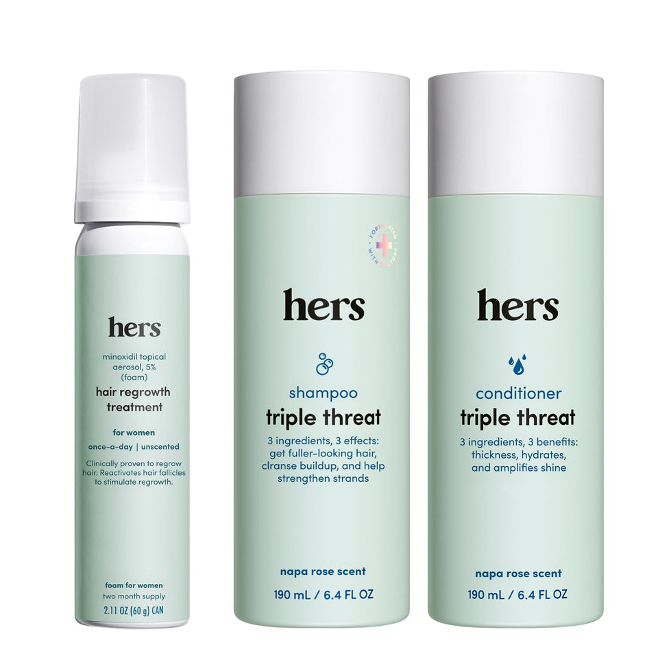 hims & hers front packaging showing the three-product set and benefits