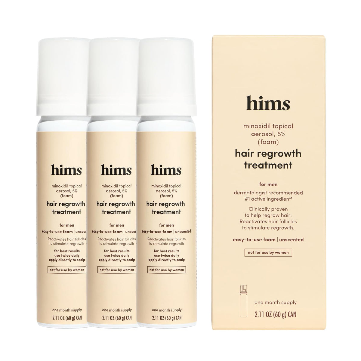 hims front packaging showing minoxidil 5% and easy regimen benefit