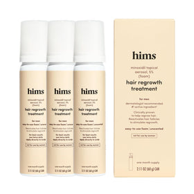 hims front packaging showing minoxidil 5% and easy regimen benefit