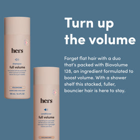 HIMS & HERS bottle label close-up highlighting biotin and Biovolume 128 benefits