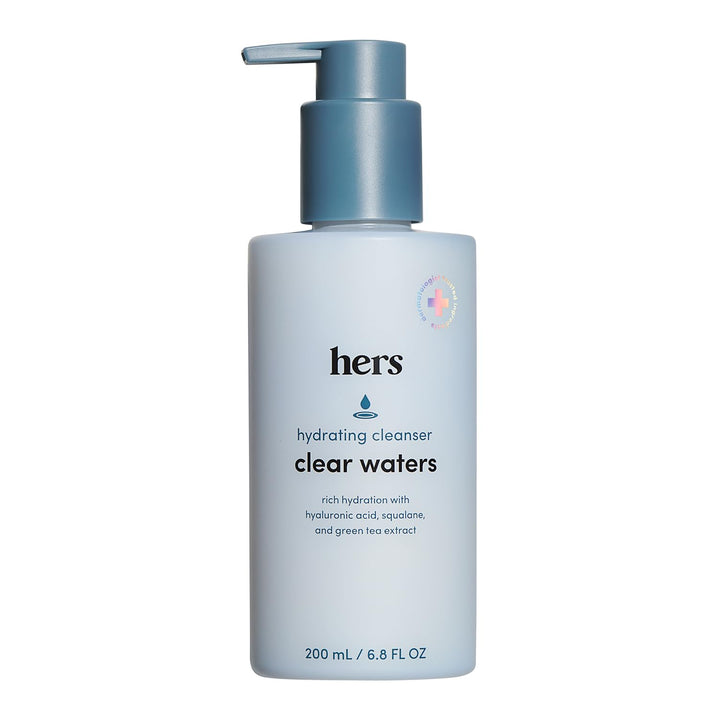 HIMS & HERS front bottle view showing clear-waters cleanser and simple packaging benefit