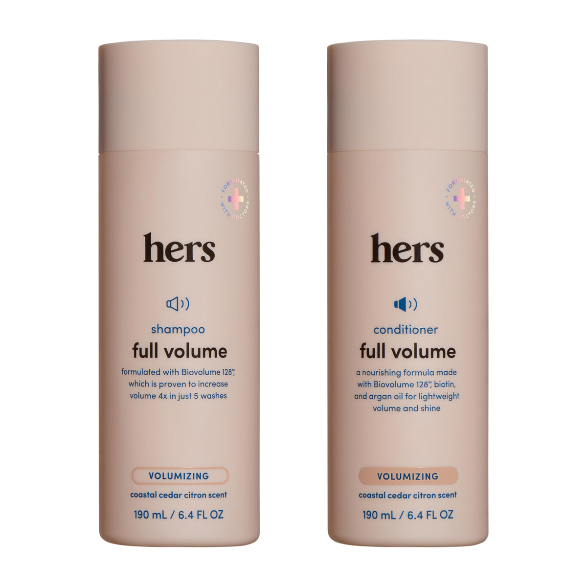 HIMS & HERS front packaging showing volumizing shampoo and conditioner benefits