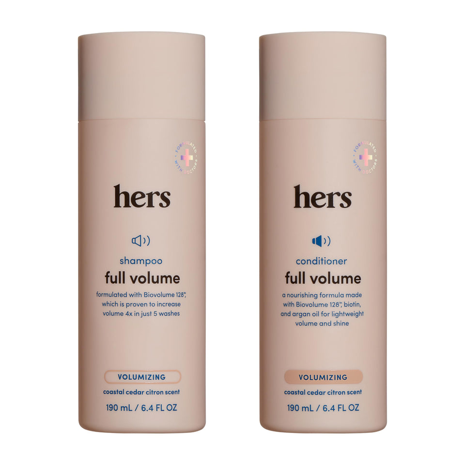 HIMS & HERS front packaging showing volumizing shampoo and conditioner benefits