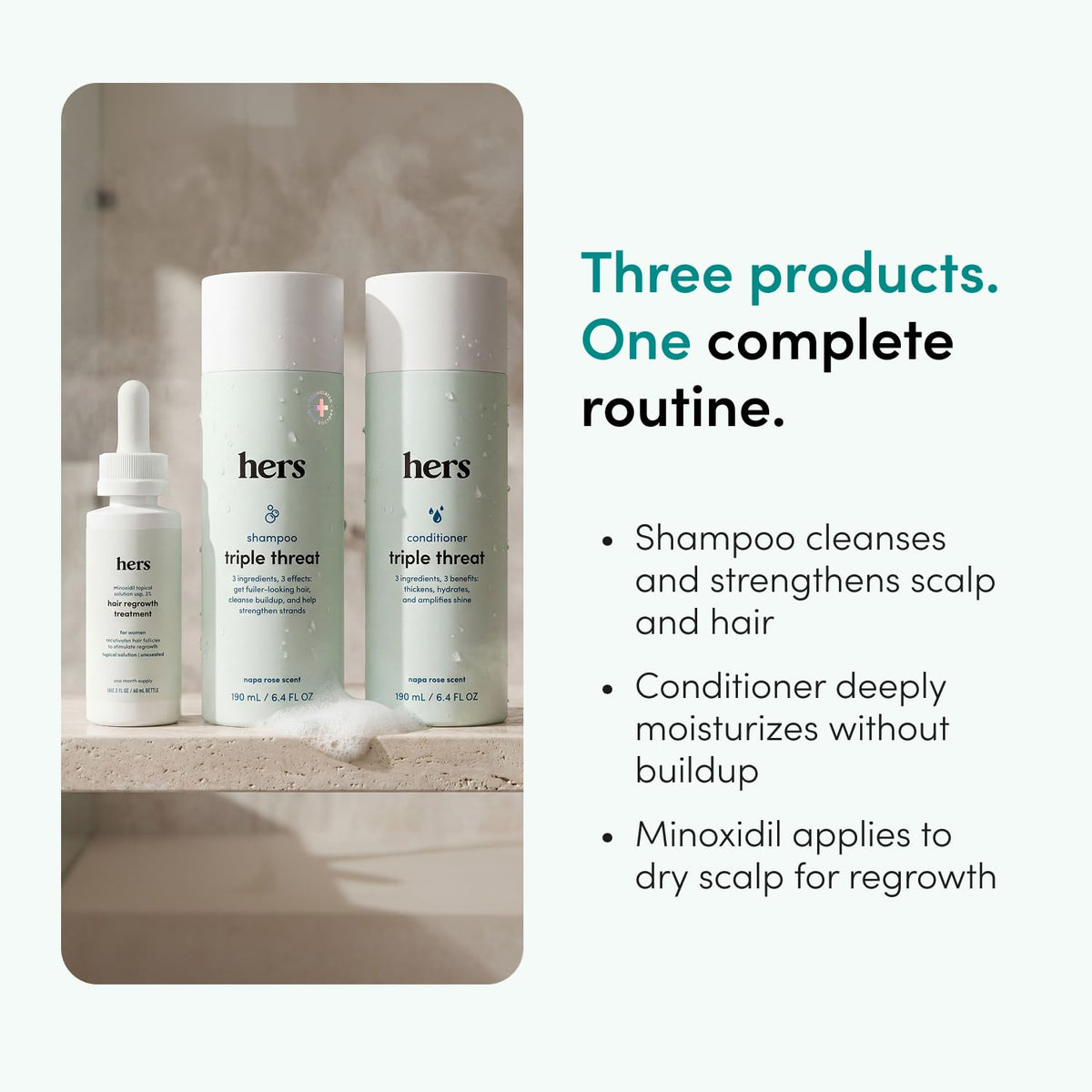 HIMS & HERS three products side-by-side illustrating the full routine