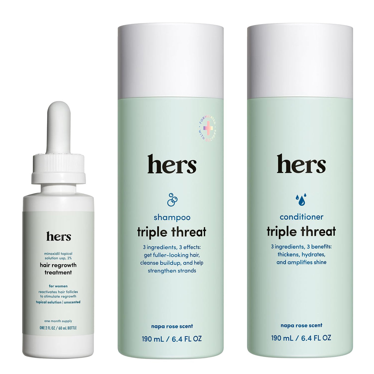 HIMS & HERS front packaging showing all three products and benefits