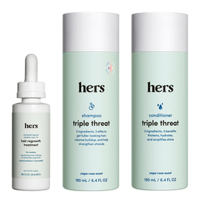 HIMS & HERS front packaging showing all three products and benefits