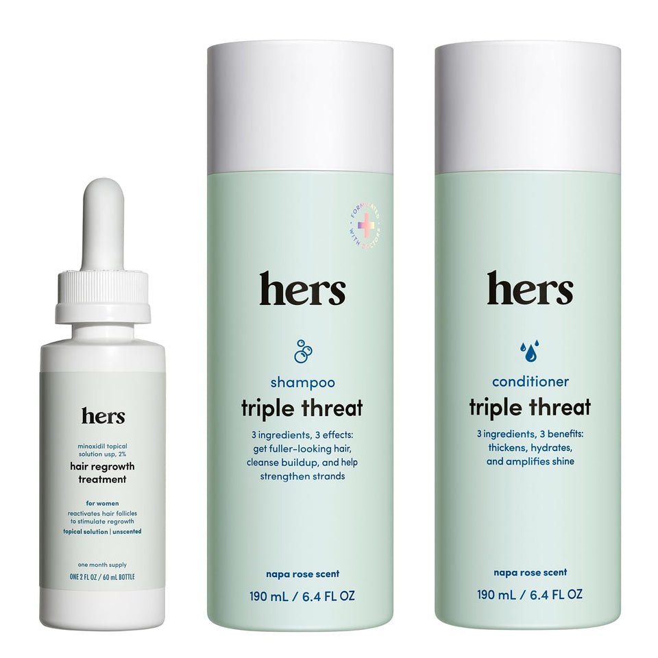 HIMS & HERS front packaging showing all three products and benefits
