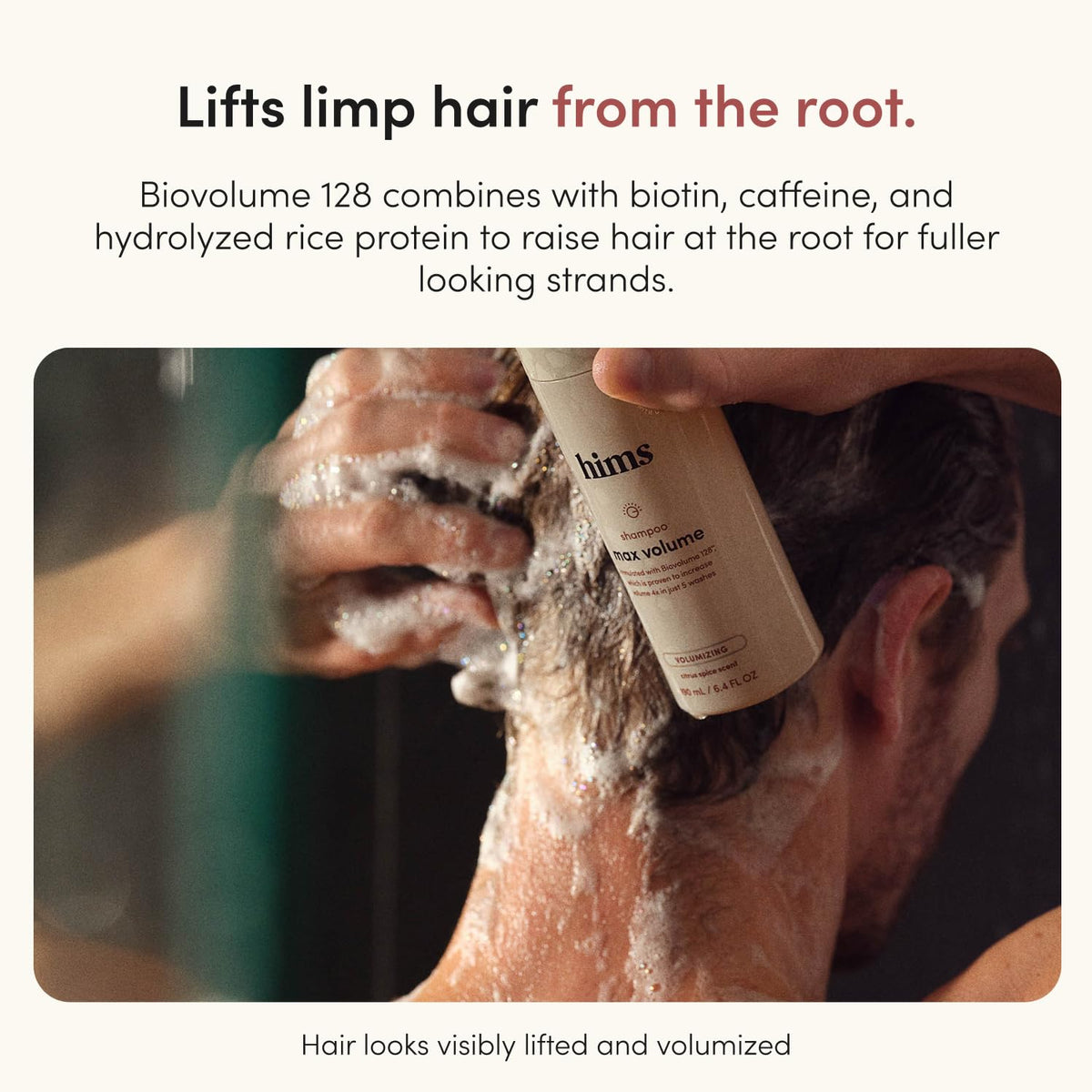 hims shampoo lather texture closeup demonstrating lightweight foam and gentle cleansing action