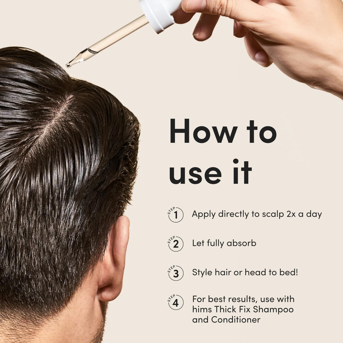 hims solution droplet on scalp demonstrating targeted in-use application