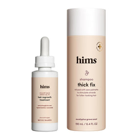 hims front packaging showing shampoo and minoxidil for easy routine