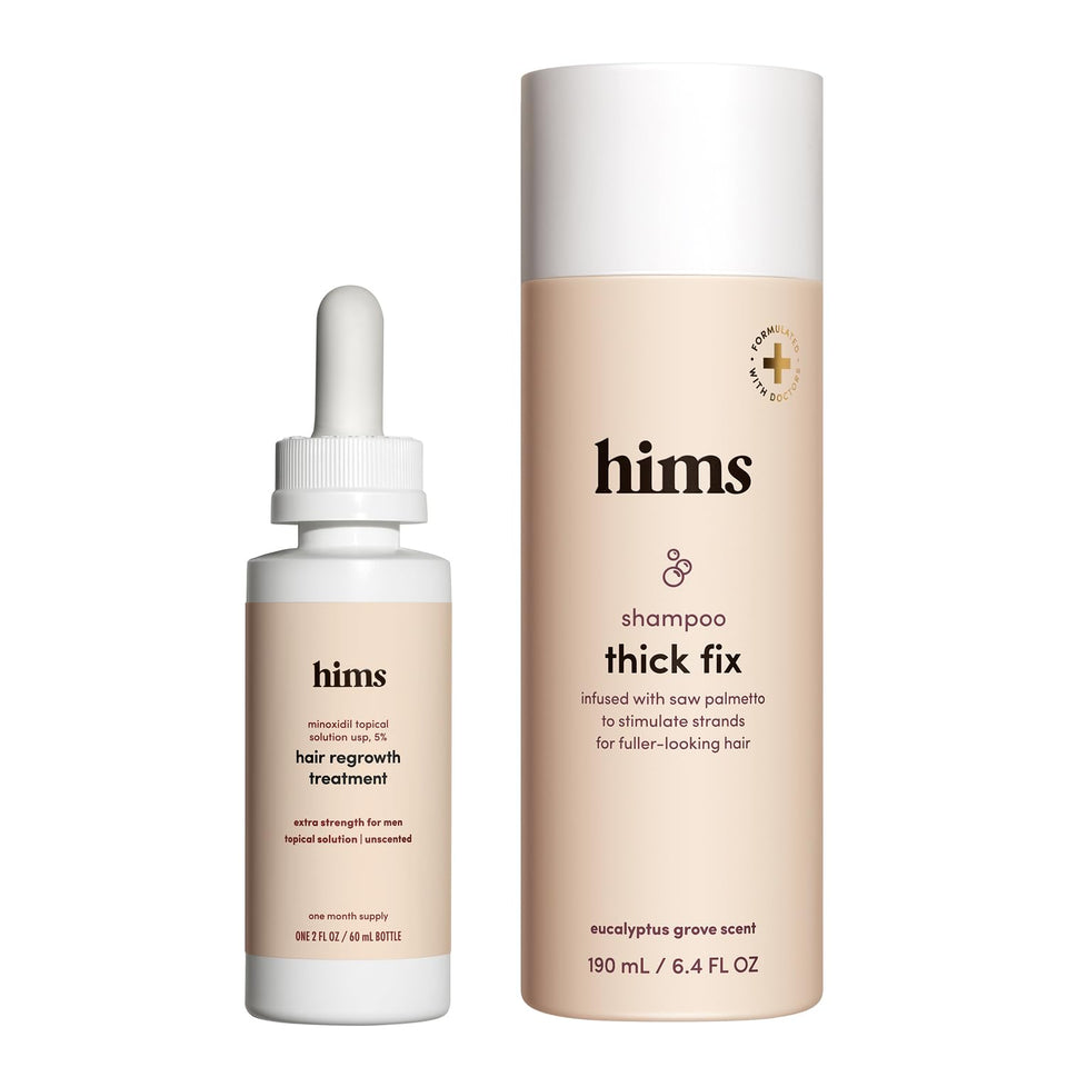 hims front packaging showing shampoo and minoxidil for easy routine