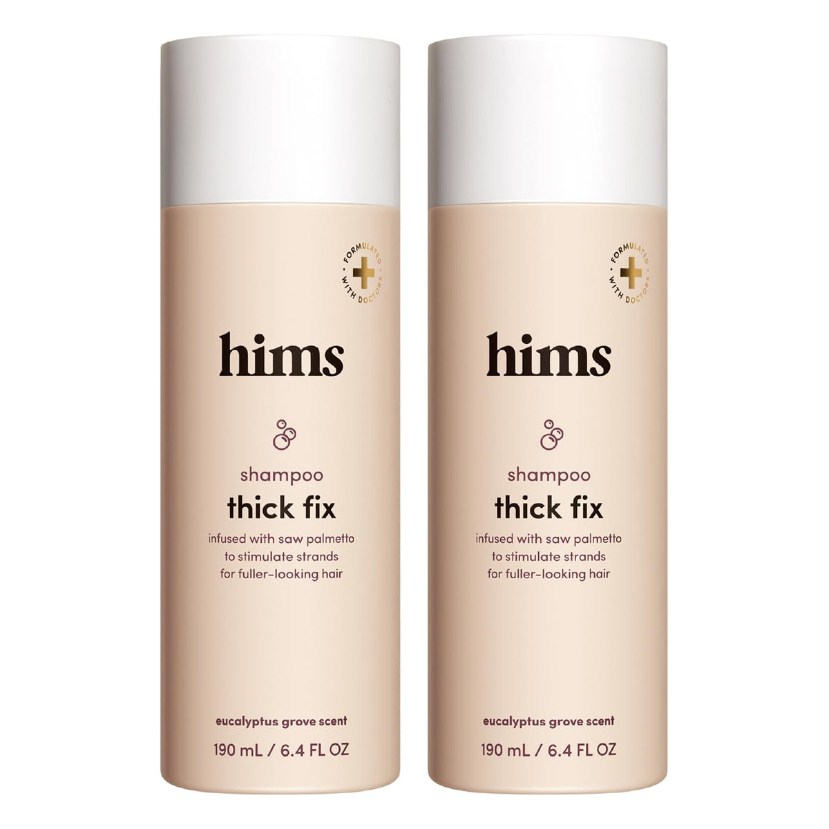 hims Thick Fix shampoo front packaging shows clean design and size benefit