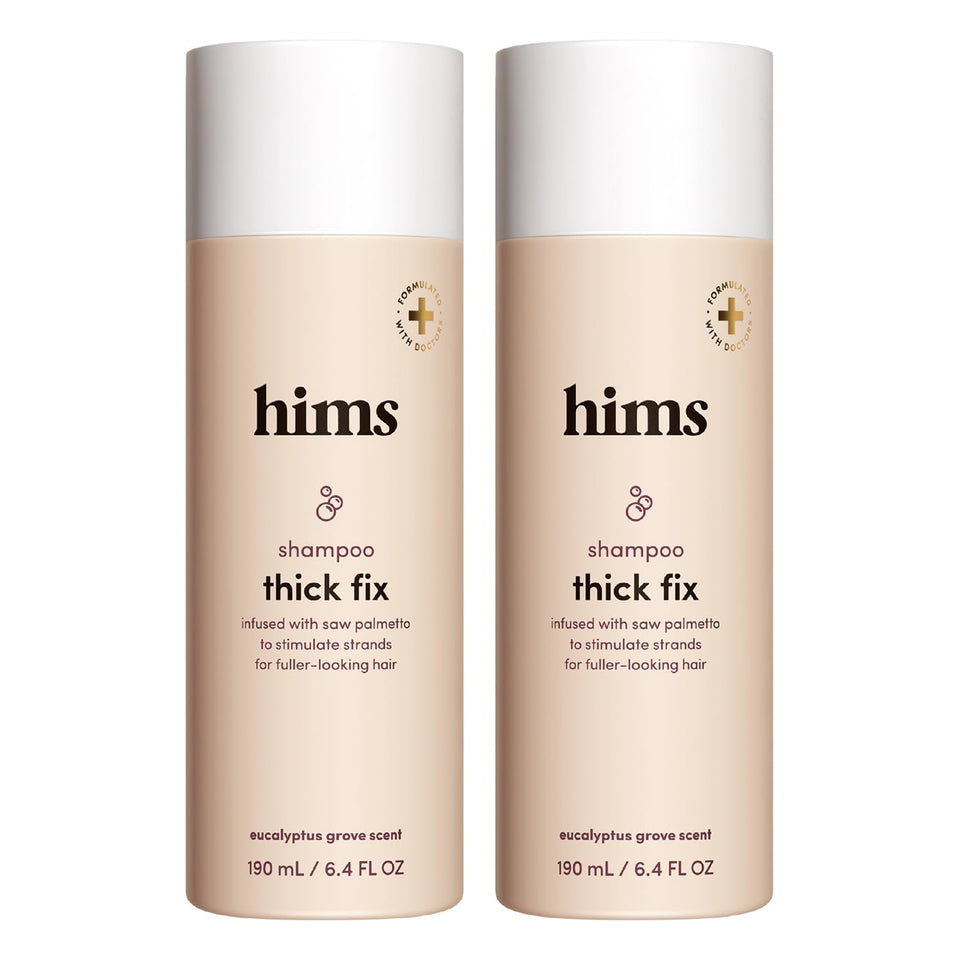 hims Thick Fix shampoo front packaging shows clean design and size benefit