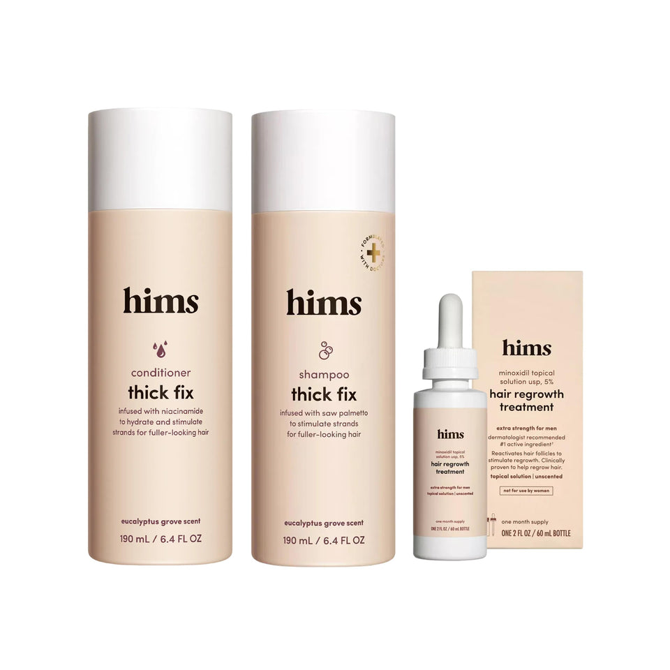 hims front packaging showing shampoo and conditioner, communicates product completeness