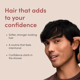 hims Thick Fix on bathroom shelf styled for routine and clean-beauty benefit