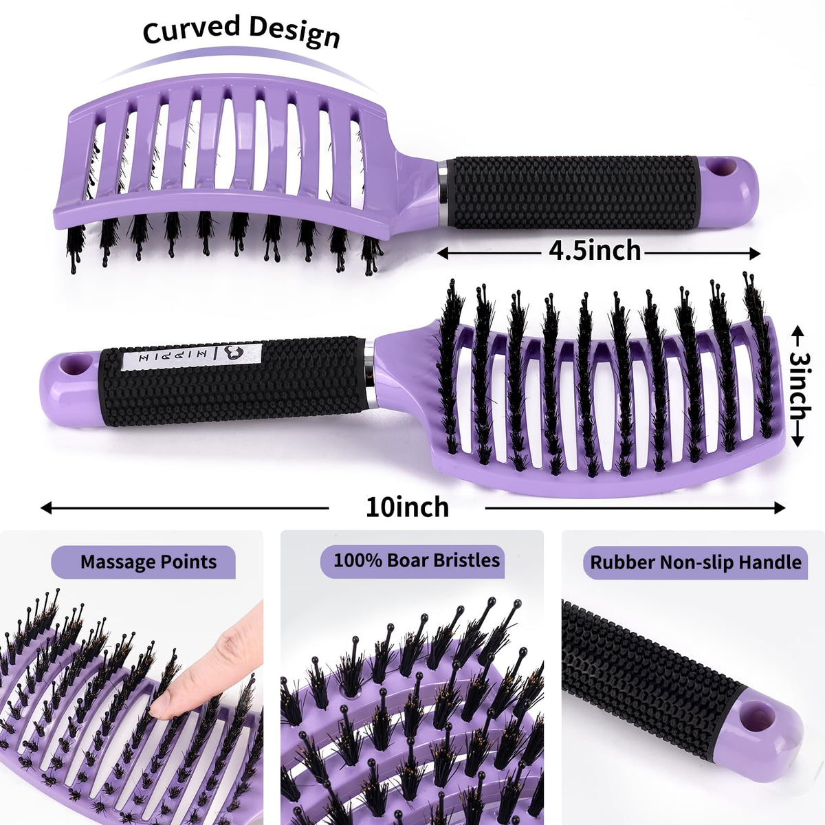 HIPPIH close-up of natural boar bristles smoothing hair for added shine