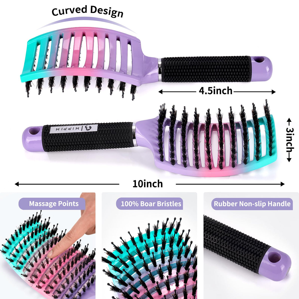 HIPPIH close-up of natural boar bristles polishing hair for added shine
