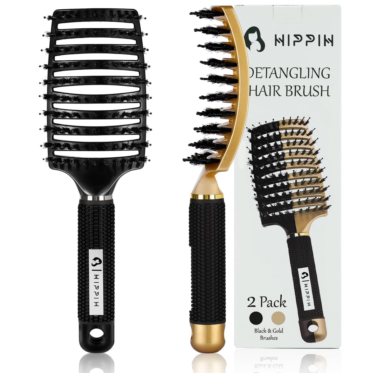 HIPPIH front paddle brush showing full face and ergonomic handle benefit