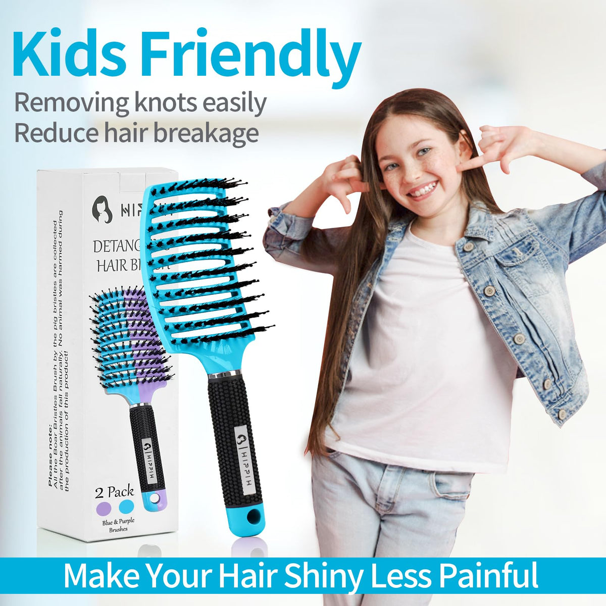 HIPPIH brush being used on wet hair for faster, gentler detangling benefit