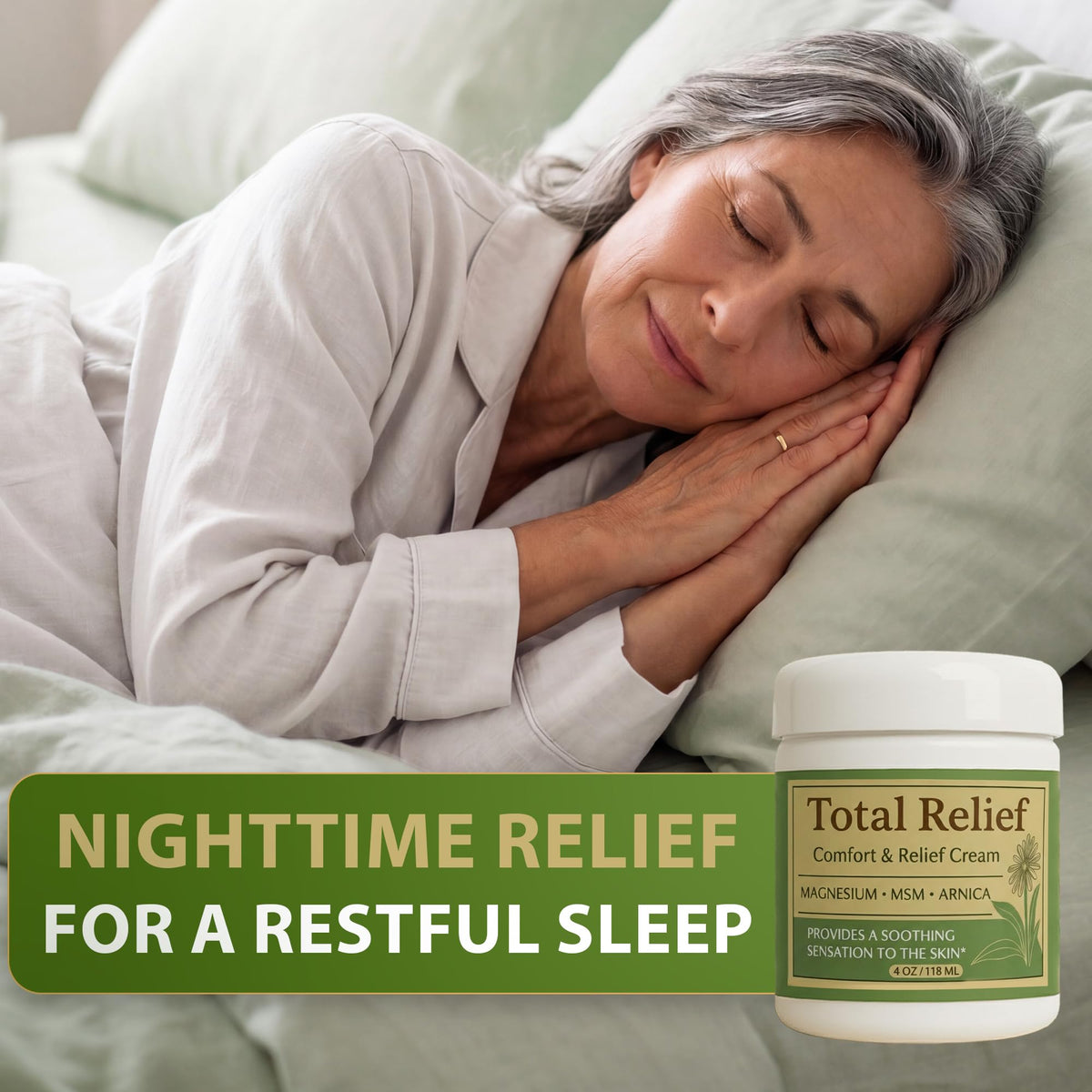 HiRelief jar on nightstand in bedroom scene suggesting calming bedtime routine