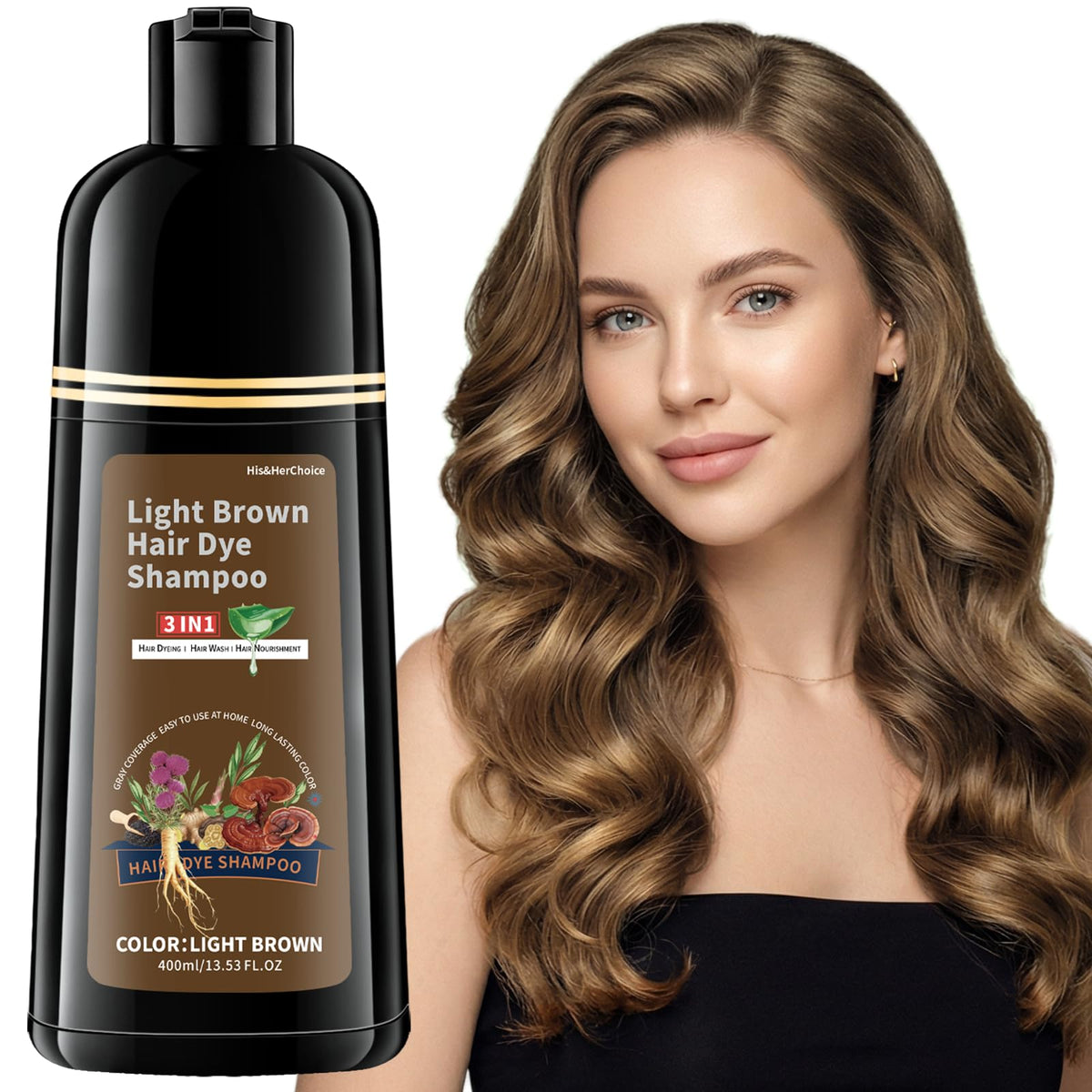 HIS&HERCHOICE front packaging showing light brown hair dye shampoo and label clarity