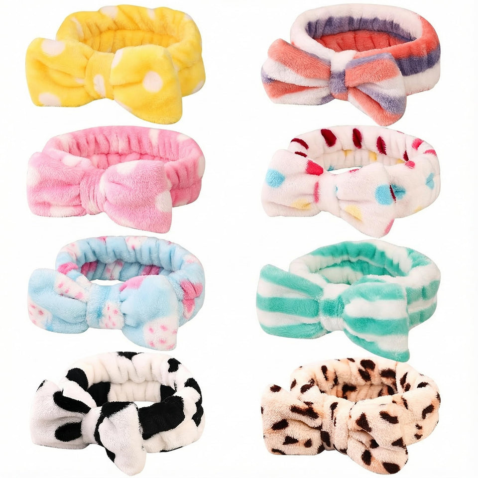 Hishexin front view showing eight bow headbands and soft plush benefit