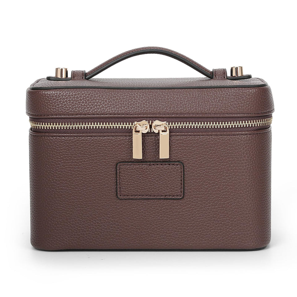 HiTotes vanity case front view showing compact silhouette and zipper, organized travel benefit