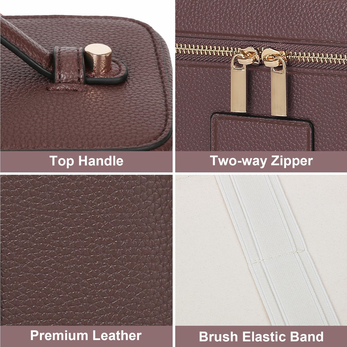 HiTotes vanity case PU leather closeup showing waterproof texture and easy-clean benefit