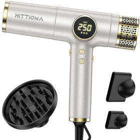 HITTIONA front view showing compact travel-ready dryer and benefits