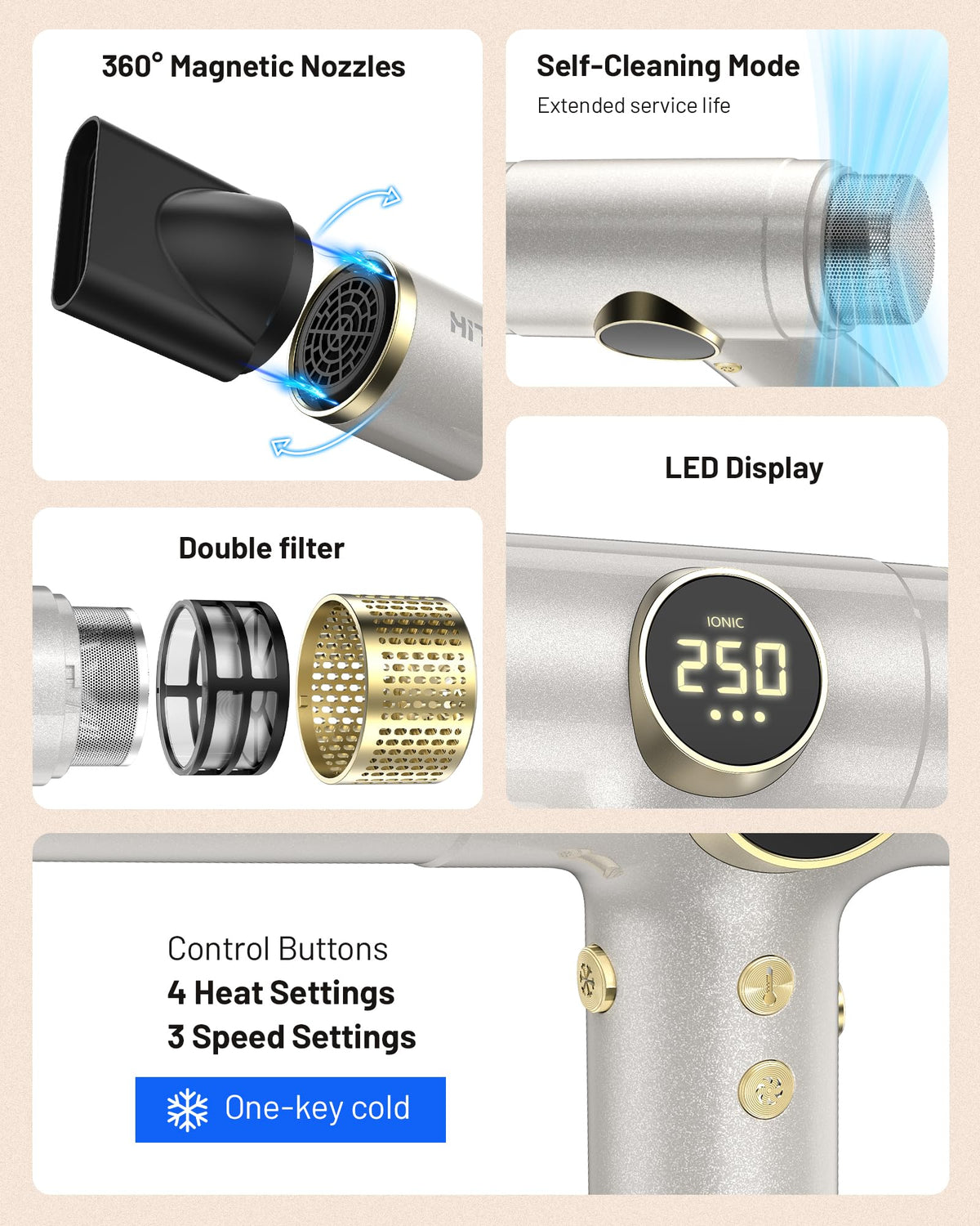 HITTIONA dryer in use on curly hair showing defined volume benefit