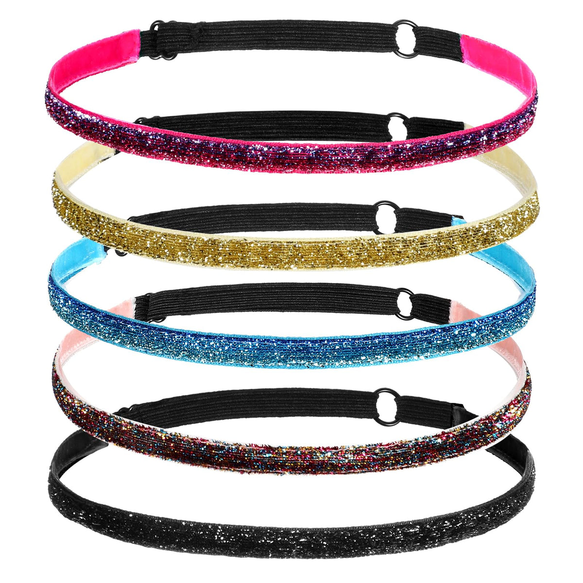 HJZHII front view of five glitter headbands showcasing multicolor set and convenience