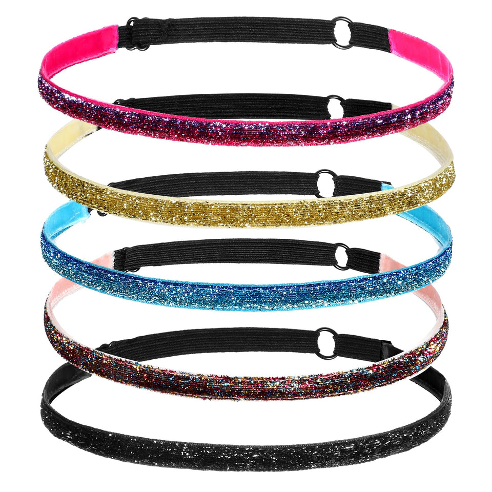 HJZHII front view of five glitter headbands showcasing multicolor set and convenience