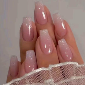 Hkanlre front packaging showing pink coffin press-on nails and included supplies for easy application