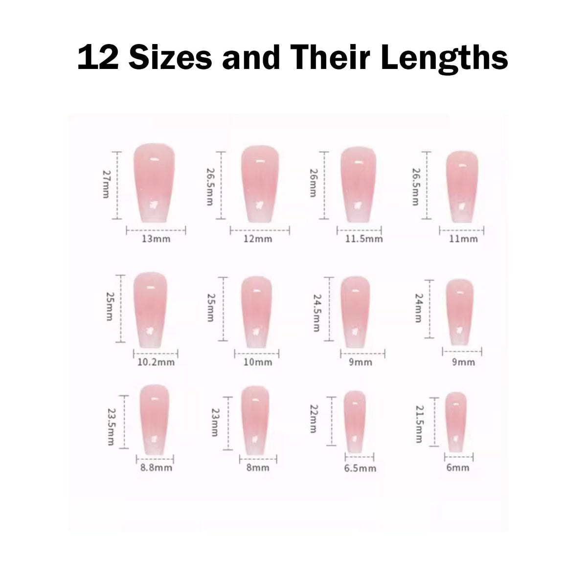 Hkanlre laid-out full set of 24 nails showing 12 sizes for a customized fit