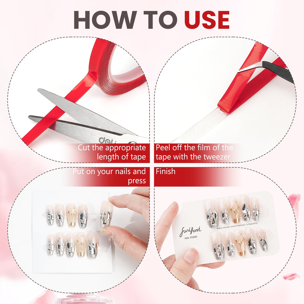HLQHXWHZT tweezer placing a small tape strip for precise nail tip positioning