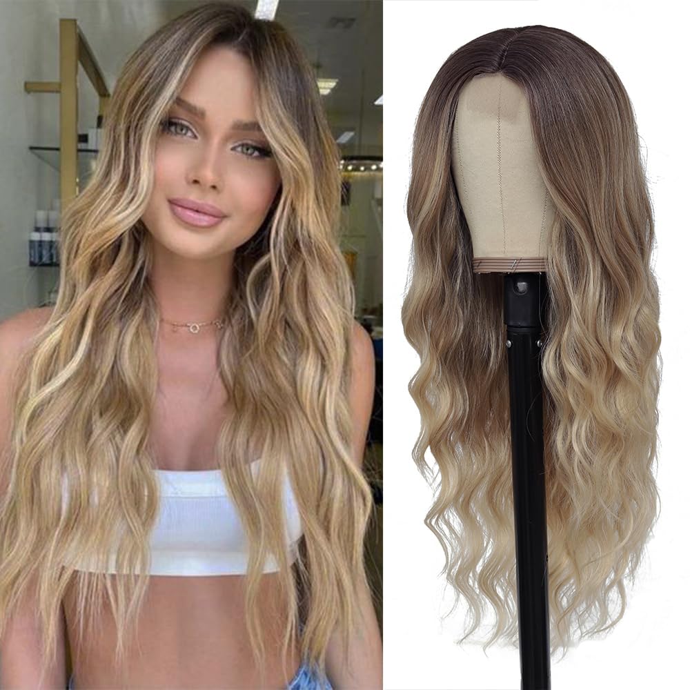 HMHIFI front view of 26-inch ombre blonde wig showing natural middle part