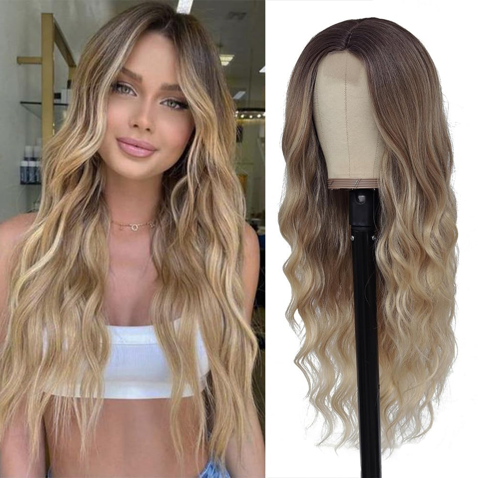 HMHIFI front view of 26-inch ombre blonde wig showing natural middle part