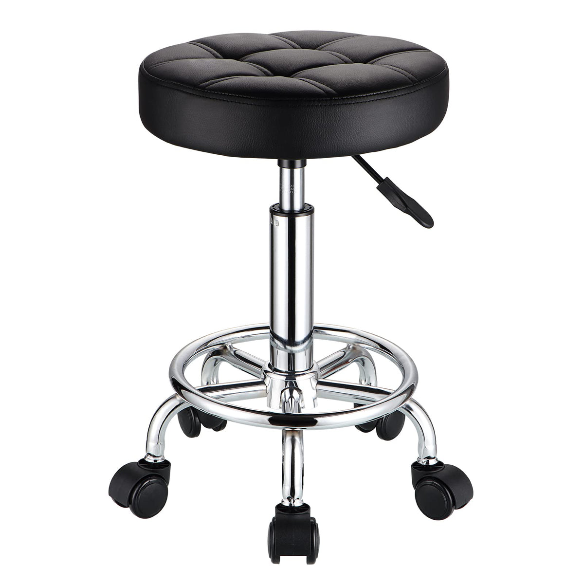 HMTOT front view of black rolling stool showing compact silhouette and mobility