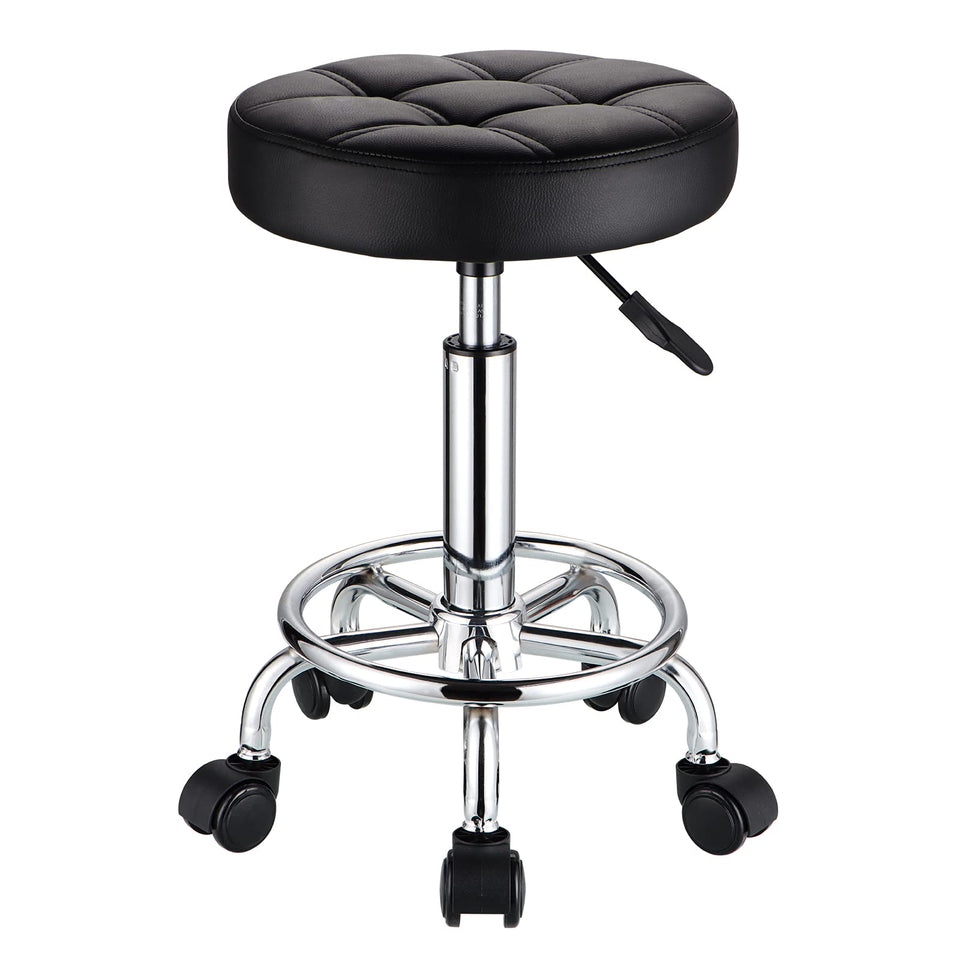 HMTOT front view of black rolling stool showing compact silhouette and mobility