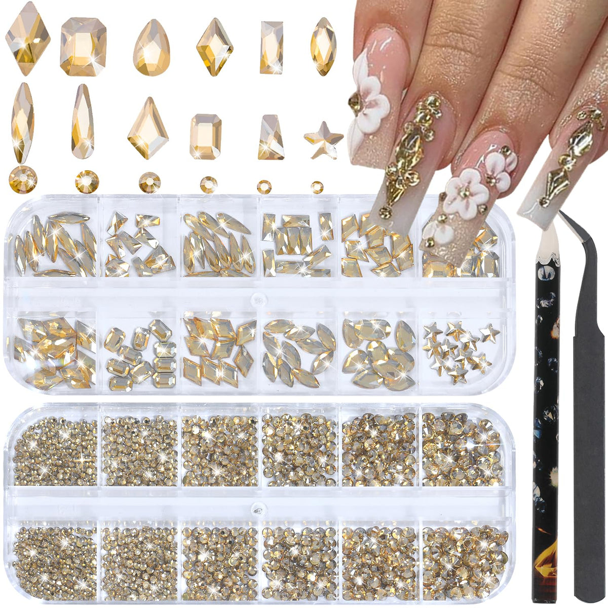 HNUIX front packaging showing champagne gold rhinestones and tools, organized kit benefit