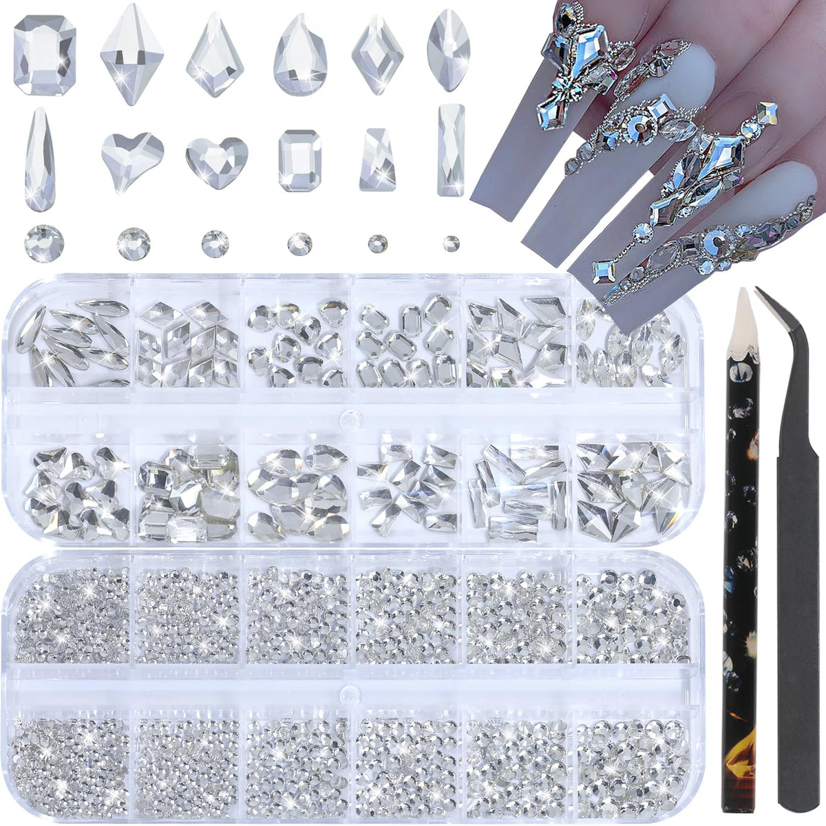 HNUIX front packaging showing full rhinestone kit and tools for easy selection