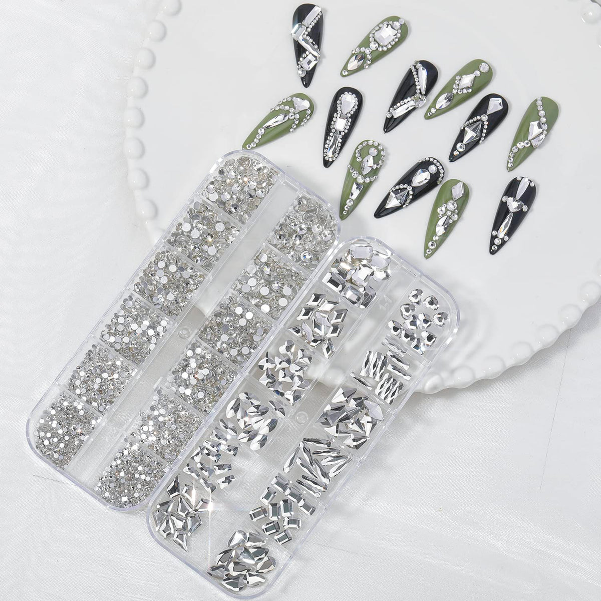 HNUIX rhinestones applied on nails demonstrating 3D sparkle and polished look